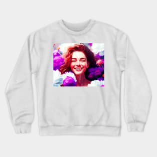 Woman happy portrait with flowers Crewneck Sweatshirt